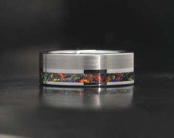Edge Black Fire Opal Inlay Tungsten Wedding Band: His & Hers Rings, Personalized Custom Engraved