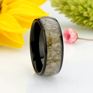 Men Women Tungsten Wedding Band, 8MM Domed Black IP Plated Real Deer Antler Inlay Custom Engraved Personalized Ring