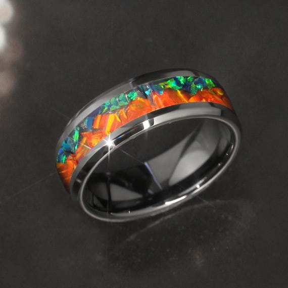 Green & Orange Fire Opal Inlay Wedding Band: Black Ceramic