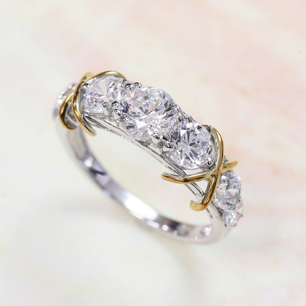 Liebesknoten keltischer Ring, zweifarbiger 14K vergoldeter Sterlingsilber-Hochzeitsring für Frauen, simulierter Diamant Sieben-Stein-Ring, Geburtstagsgeschenk