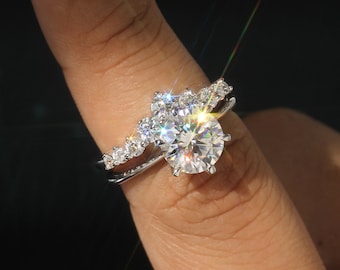 Moissanite Bridal Ring Set, Platinum Plated Sterling Silver Wedding Ring Set, Matching 2pcs, Moissanite Diamond Engagement Ring Wedding Band