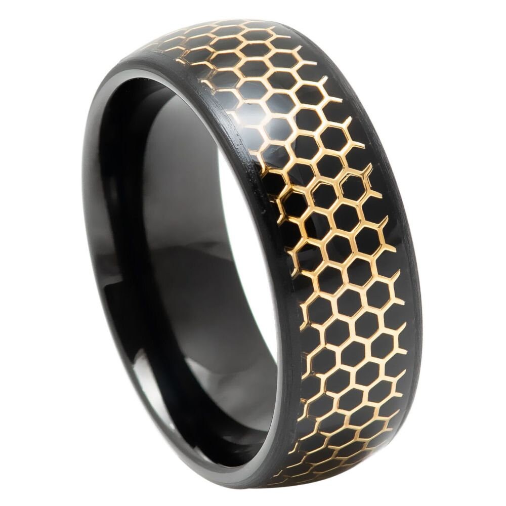 ブラックタングステン結婚指輪：ゴールドハニカム、ベベルエッジ、8mm 