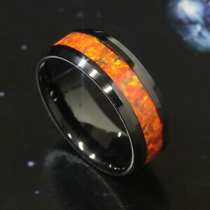 Men Women Tungsten Ring, 8mm Black IP Ring, Synthetic Orange Opal Inlay Tungsten Ring, Custom Engraved Personalized Ring, Couple Ring