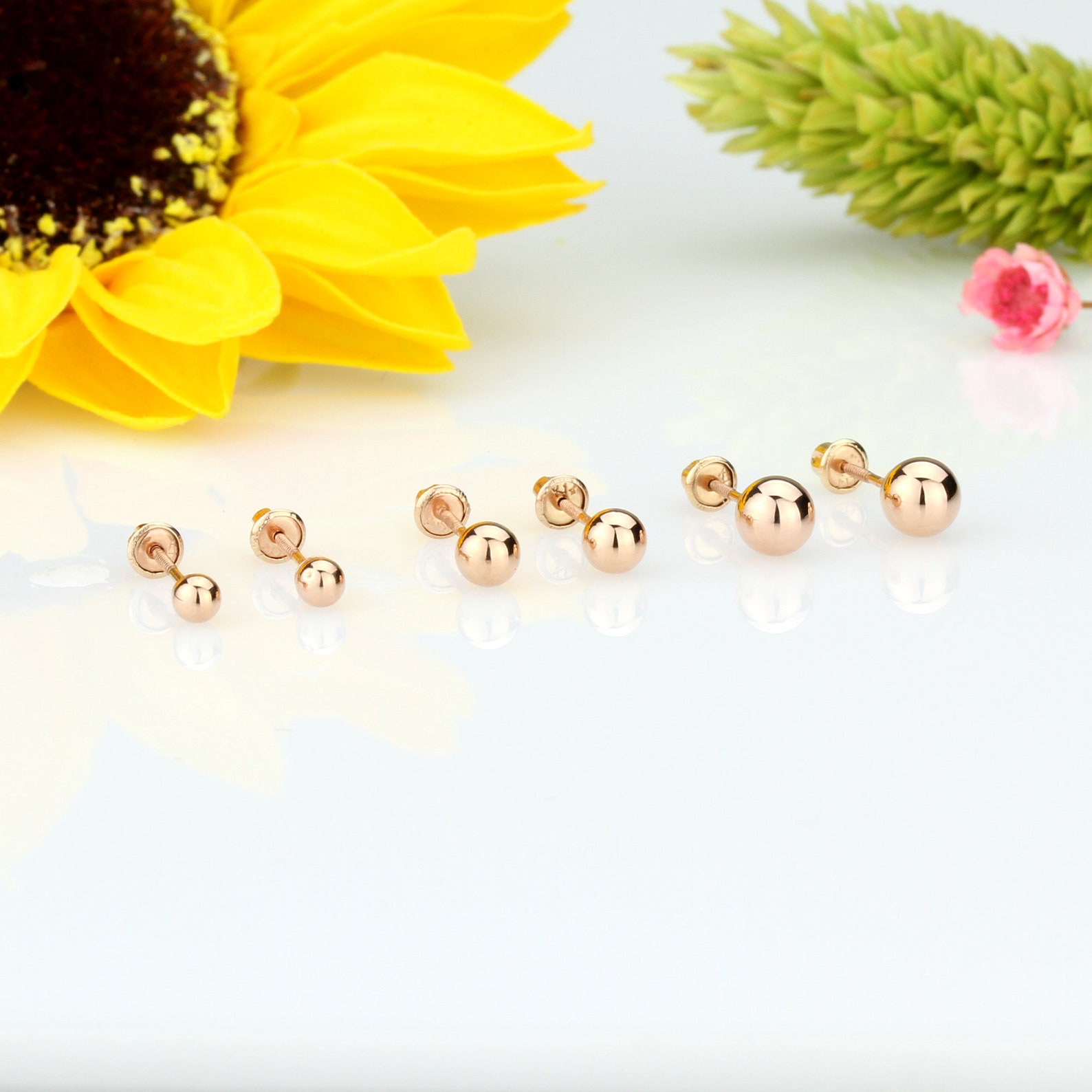 Men Women Solid 14K Rose Gold Ball Earrings 3mm to 6mm Wide Etsy