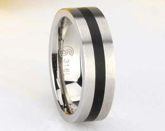 Engraved Solid Titanium w/ Black Spinning Chain Link Stripe Men's Band Ring 