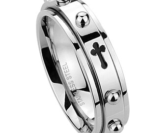 6mm Stainless Steel Cross Rosary Spinner Ring For Men & Women - 316L, Free Gift Box