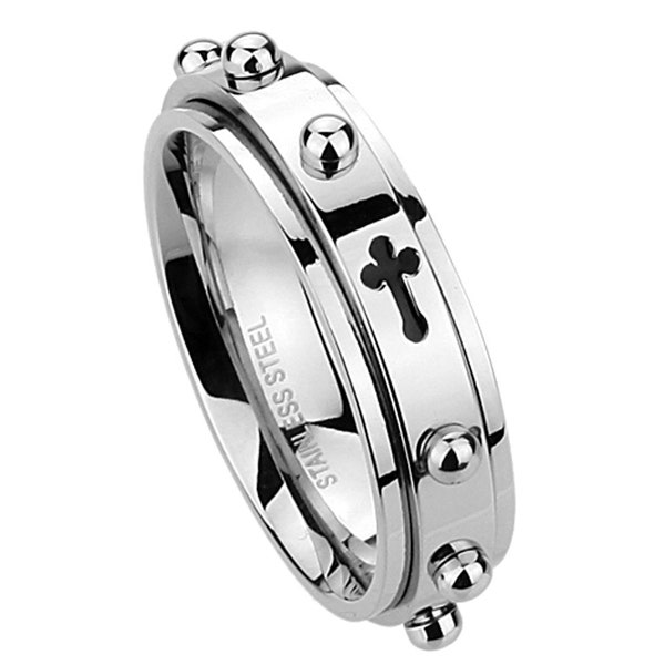 Custom Engraving 6mm Stainless Steel Ring for Men, 316L Ring Cross Rosary Spinner Praying Band / Gift box(BRSR-740-N)