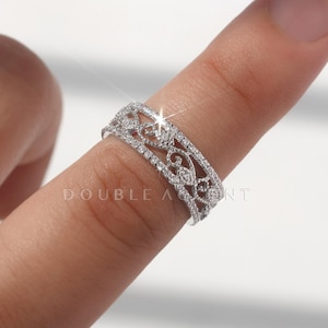 Filigree Moissanite Band: Platinum Plated Sterling Silver, CZ Stone Eternity Ring