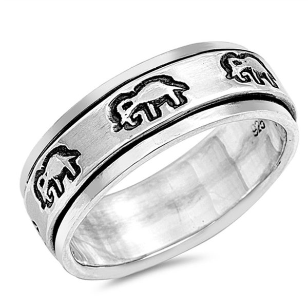 Custom Engraving Men Women 8mm 925 Sterling Silver Band Oxidize Finish Elephant Spinner Ring(SNRP142215)