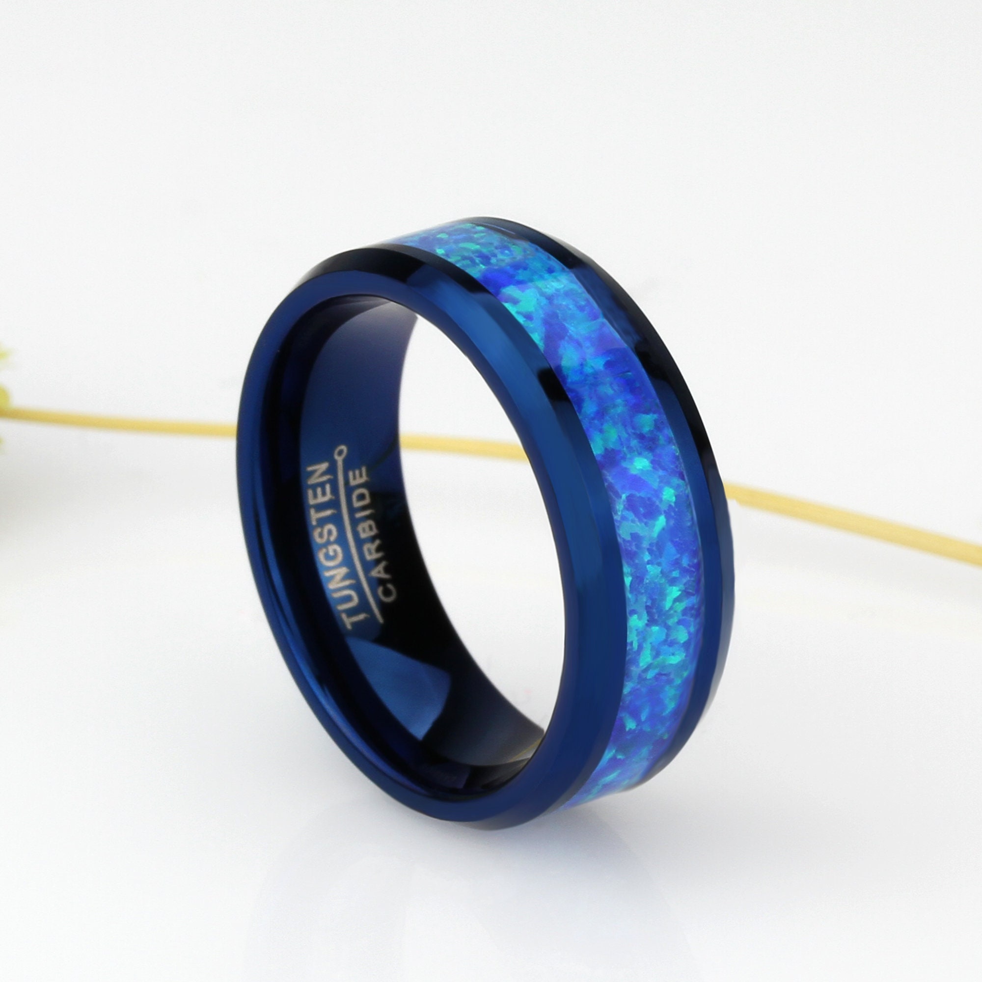 TUNGSTORY Men's Tungsten Carbide Ring With Blue Opal Inlay - Brushed & Polished Wedding Band - Size 7-12