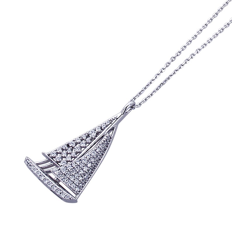 16+2 Platinum Plated Sterling Silver CZ Pave Set Sailboat Pendant Necklace HBHB15P0445A