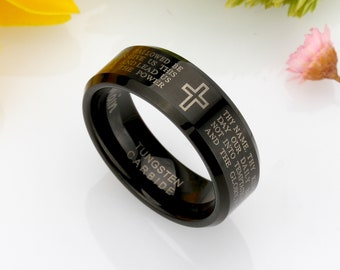 Men Women Tungsten Wedding Band 9MM Black Ring Lord's Prayer Cross Ring Tungsten Ring, Custom Engraved Personalized Ring (CT479RTN)