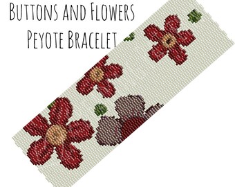 Seed Bead Bracelet Pattern, Buttons and Flowers Wide Cuff Peyote Pattern, Digital PDF Pattern - Buy 4 get 1 FREE - Instant Download