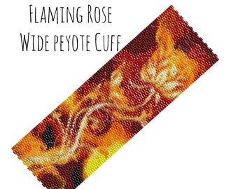 Beadweaving Bracelet Pattern, Flaming Rose Wide Peyote Cuff Pattern, Digital PDF Pattern - Buy 4 get 1 FREE - Instant Download