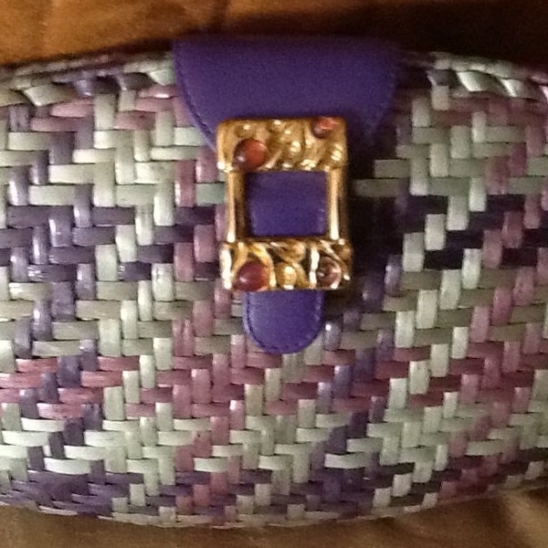 Vintage RODO ITALY Purple and Aqua Hard Straw Clutch with Chain with Purple Leather with Amethyst Glass Cabochon Stone Flap Closure