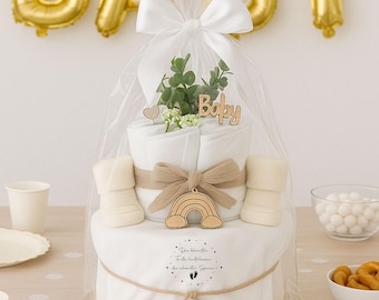 Diaper Cake "The smallest feet leave the most beautiful footprints" • Neutral • 27 diapers • Baby gift • Wooden rainbow • Eucalyptus