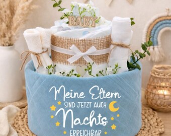Diaper cake-boy-blue | My parents are now reachable at night | 27 diapers, muslin cloth, socks, burp cloth, wooden sticks, flowers