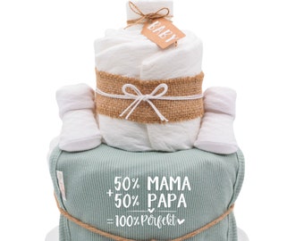 Boho Diaper Cake Vintage | say green | Baby Bib + Socks | saying | 50% Mom 50 Dad 100 Perfect| Baby gift, baby shower, baby party