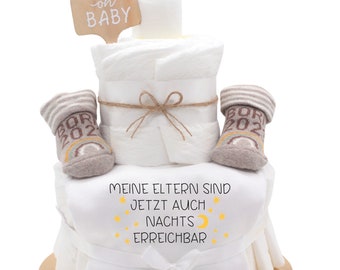 Baby bodysuit sayings diaper cake Uni | My parents can now also be reached at night | with baby bodysuit + baby socks - Born 2023 or 2024 | Baby gift