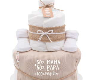 Boho Diaper Cake Vintage | beige | Baby Bib + Socks | saying | 50% Mom 50 Dad 100 Perfect| Baby gift, baby shower, baby party