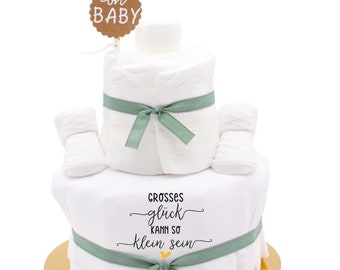 Diaper Cake Neutral | khaki | with saying | Great happiness can be so small | baby bibs + baby socks | baby gift birth