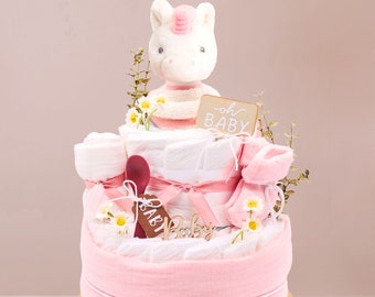 Windeltorte Musselin |  Rassel Einhorn | Mädchen |Musselintuch,Rassel Einhorn, Spucktuch, Babysocken, Breilöffel, Frottee Tuch|Babygeschenk