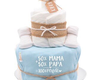 Boho Diaper Cake Boy Vintage | Light Blue | Baby Bib + Socks|Saying| 50% Mom 50 Dad 100 Perfect| Baby gift, baby shower, baby party
