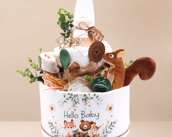 Diaper cake|baby forest animals|neutral|muslin cloth|with or without rattle squirrel, baby tea bottle, porridge spoon, pacifier, socks, tea