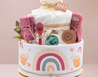 Windeltorte | Rainbow| Boho weinrot |Musselintuch,Lätzchen, Breilöffel, Frottee Spucktuch,Babysocken, Beruhigungssauger| Babygeschenk Geburt