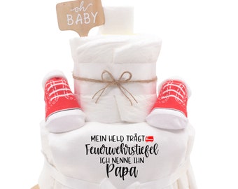 Sprüche Windeltorte|Mein Held trägt Feuerwehrstiefel ich nenne ihn Papa|  mit Babybody + Babysocken | Feuerwehr Babygeschenk