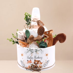 Diaper cake|baby forest animals|neutral|muslin cloth|with or without rattle squirrel, baby tea bottle, porridge spoon, pacifier, socks, tea
