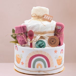 diaper cake | Rainbow| Boho wine red | muslin cloth, bib, porridge spoon, terry cloth burp cloth, baby socks, pacifier | Baby gift birth