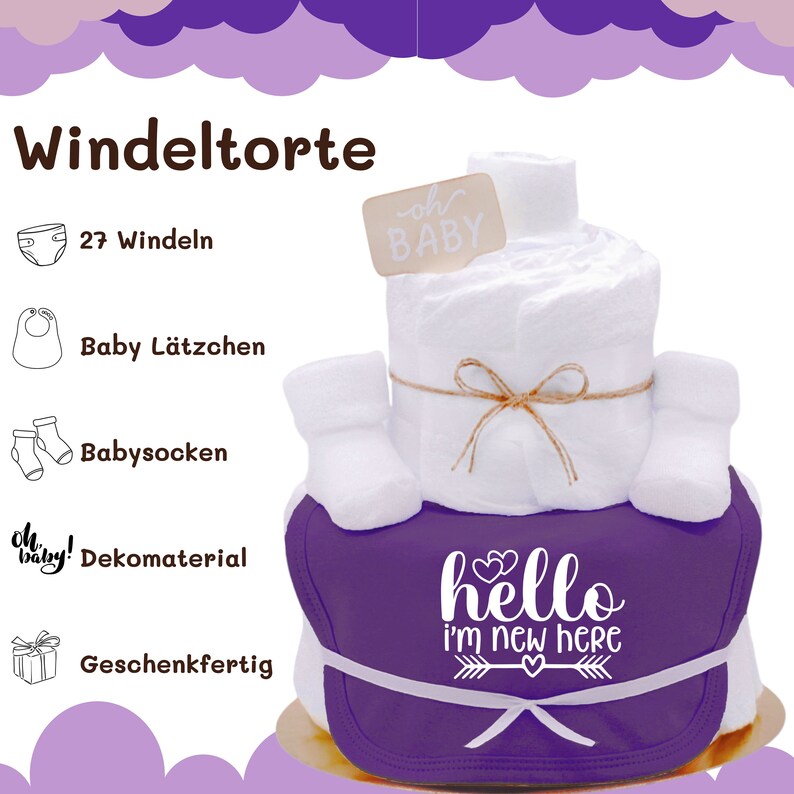 Sprüche Windeltorte Neutral Lila New to the Crew Lätzchen und Babysocken Babygeschenk zur Geburt Windelgeschenk zdjęcie 2