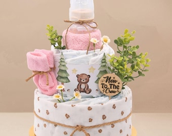 Diaper Cake for a Girl - Forest Design - Baby Shower Gift - Premium Baby Gift with Muslin Cloth & 27 Diapers - Handmade - Gift Ready