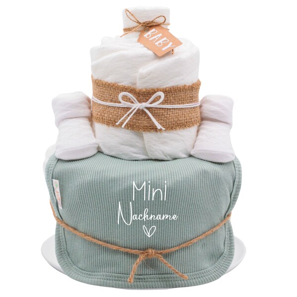 Vintage Windeltorte  | sage green| Personalisiert| MINI - Nachname | Baby Lätzchen + Socken Babygeschenk,Baby Shower,Baby Party