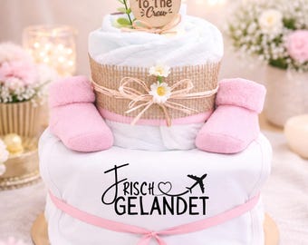 Pink Diaper Cake for Girls | Baby Gift | Baby Shower Gift | Baby Essentials Set with Bib and Socks | Freshly Arrived