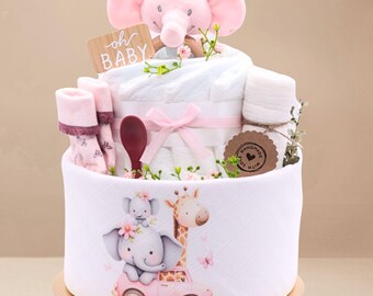 Diaper cake | Elephant | with muslin cloth, wooden elephant teething ring, baby spoon, burp cloth, baby socks | Baby gift for newborn (Pink)