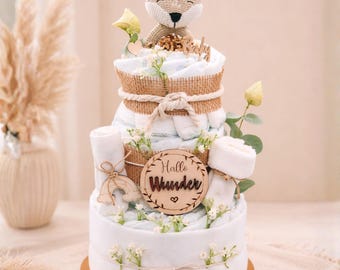 Diaper Cake | Fox | 3 Tiers | Muslin Cloth, Bib, Baby Socks, Fox Rattle Teething Ring, Burp Cloth, Wooden Sign - Hello Wonder | Eucalyptus