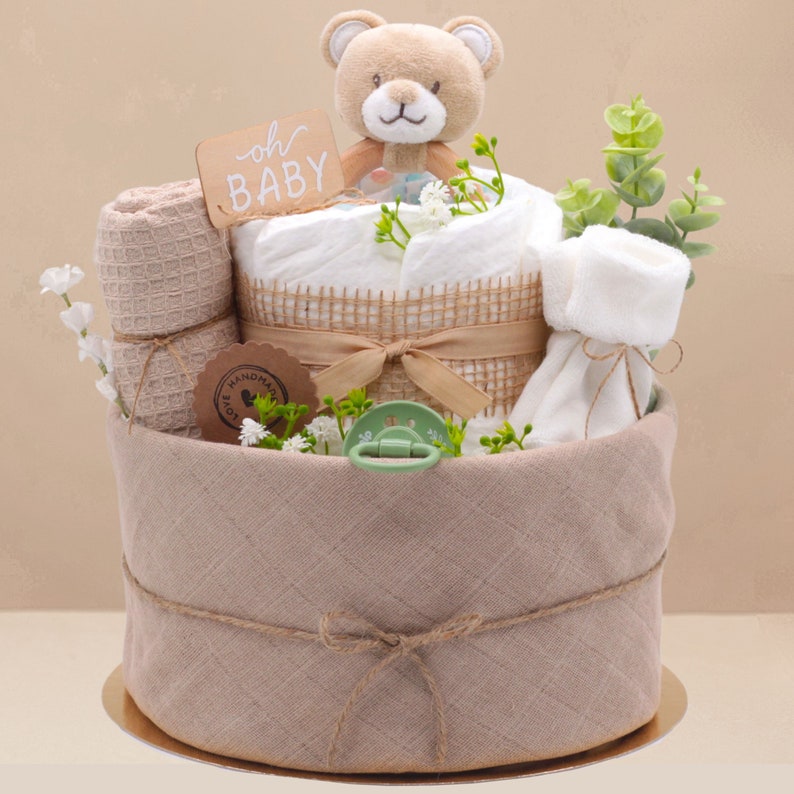 diaper cake Baby Bear Neutral Muslin cloth, bear wooden grasping toy, pacifier, socks, mouth cloth Baby party birth gift image 1
