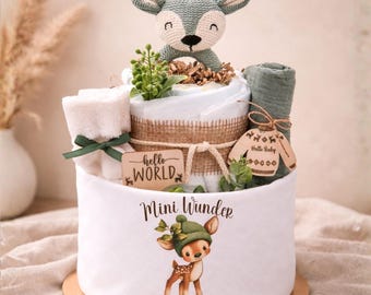 Windeltorte Mini Wunder | Reh | 27 Windeln,  Musselintuch, Reh Greifling,Musselin Spucktuch, niedliche Babysocken| perfektes Babygeschenk