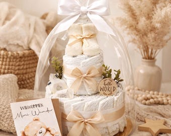 Baby Diaper Cake – Neutral Baby Gift for Newborns | Handmade Diaper Cake for Boys & Girls | Baby Shower Gift + Greeting Card