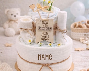 Personalized diaper cake with name | Baby gift for newborns | 27 diapers | Baby shower gift | Camping crew baby gift