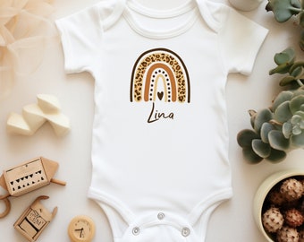 Baby bodysuit | personalized | Rainbow - leopard print| Names in brown | Baby gift, birth, baby bodysuit long sleeve or short sleeve