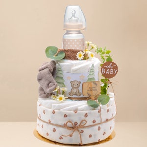 Diaper cake | Forest | Neutral | with muslin cloth, baby tea bottle, terry cloth burp cloth, baby socks | Baby gift