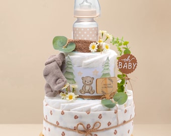 Windeltorte | Wald | Neutral | mit Musselintuch, Baby Teeflasche, Frottee Spucktuch, Babysocken | Babygeschenk