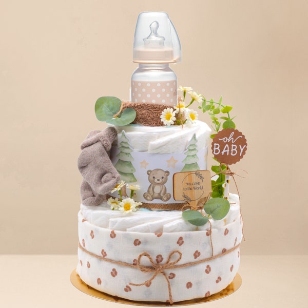 Windeltorte | Wald | Neutral | mit Musselintuch, Baby Teeflasche, Frottee Spucktuch, Babysocken | Babygeschenk