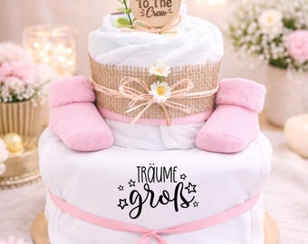 Pink Diaper Cake for Girls | Baby Gift | Baby Shower Gift | Baby Essentials Set with Bib and Socks | Dream Big