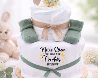 Diaper Cake Neutral | Sage Green | Baby Gift Birth Baby Shower | Gift Set Essentials Bib Socks | Parents Reachable at Night