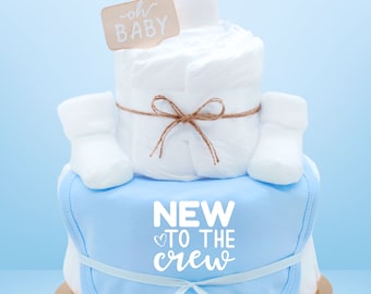 Sprüche Windeltorte | Junge | hellblau | New to the Crew |  Lätzchen und Babysocken | Babygeschenk zur Geburt -Windelgeschenk