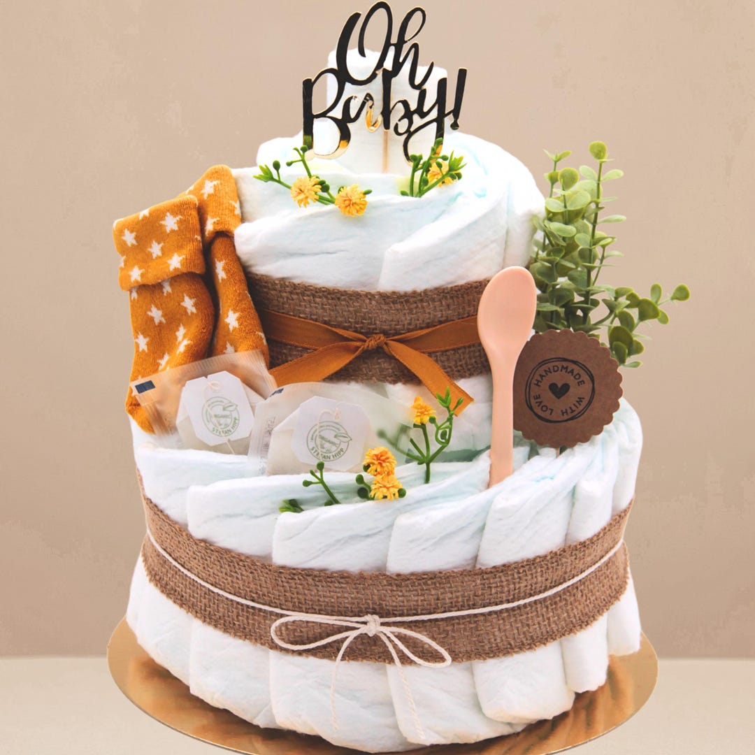 Boho Diaper Cake With 27 Diapers, Baby Tea, Baby Spoon, Baby Socks ...